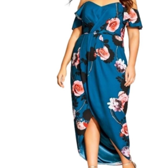 Floral Off-Shoulder Dress in Blue and Pink - Picture 1 of 4